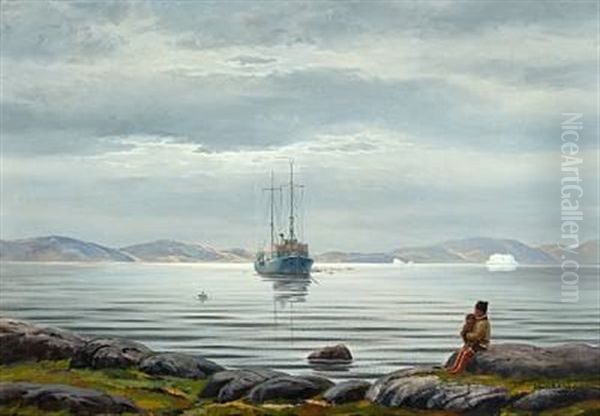 Scenery From A Greenlandic Fiord With Ship And Fishermen Kayaks Oil Painting by Emanuel A. Petersen