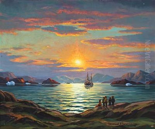 Scenery From A Greenlandic Fjord At Sunset Oil Painting by Emanuel A. Petersen