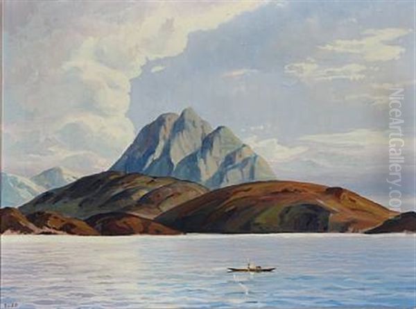 Greenland Fjord With A Hunter In A Kayak Oil Painting by Emanuel A. Petersen