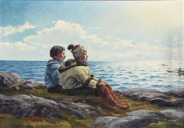 Coastal Scene With Two Greenlanders Overlooking The Sea Oil Painting by Emanuel A. Petersen