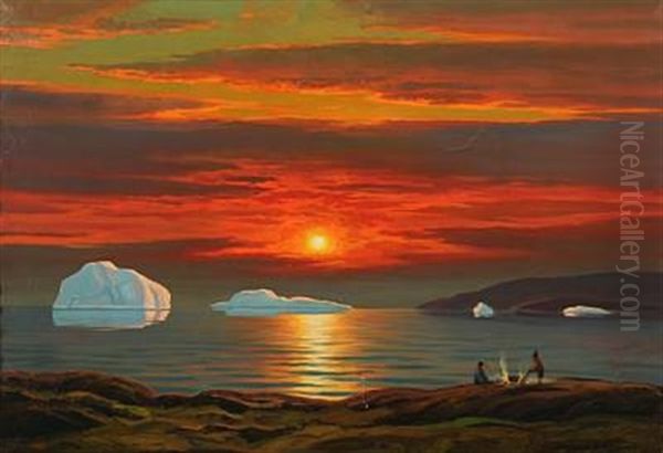 Greenlandic Landscape With People By The Fire In The Sunset Oil Painting by Emanuel A. Petersen