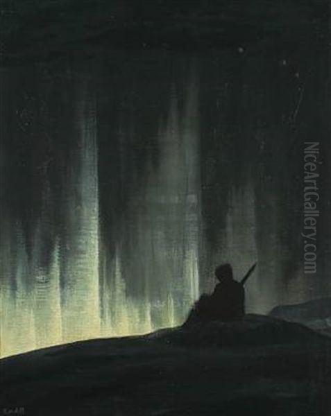 Scenery From Greenland With A Person In The Northern Lights Oil Painting by Emanuel A. Petersen