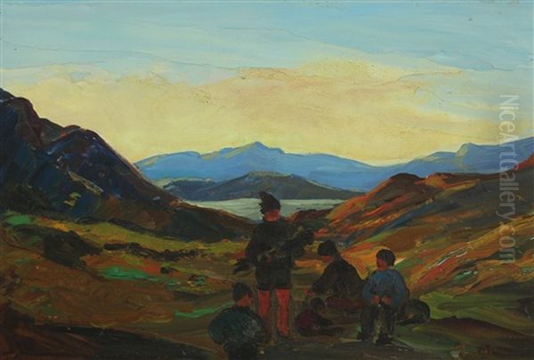 Greenlandic Family In Hilly Summer Landscape Oil Painting by Emanuel A. Petersen