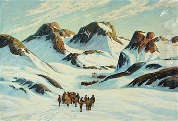 Landscape From Greenland With A Village And Drum Dancers Oil Painting by Emanuel A. Petersen