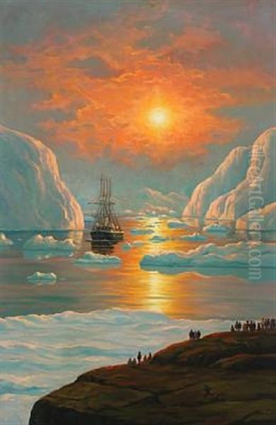 Greenlandic Fjord With Ship Setting Out In The Midnight Sun Oil Painting by Emanuel A. Petersen