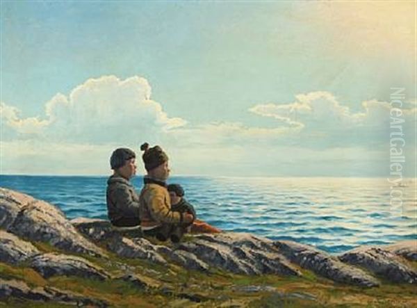 Greenlandic Children Waiting On The Coast Oil Painting by Emanuel A. Petersen