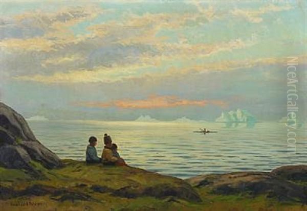 Sunset With Greenlandic Children Overlooking The Sea Oil Painting by Emanuel A. Petersen