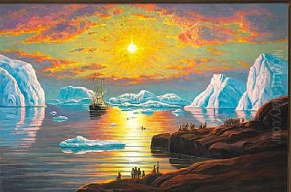 Midnight Sun, Greenland. A Ship Is Welcomed With Supplies, Presumably In The Disco Bay Oil Painting by Emanuel A. Petersen