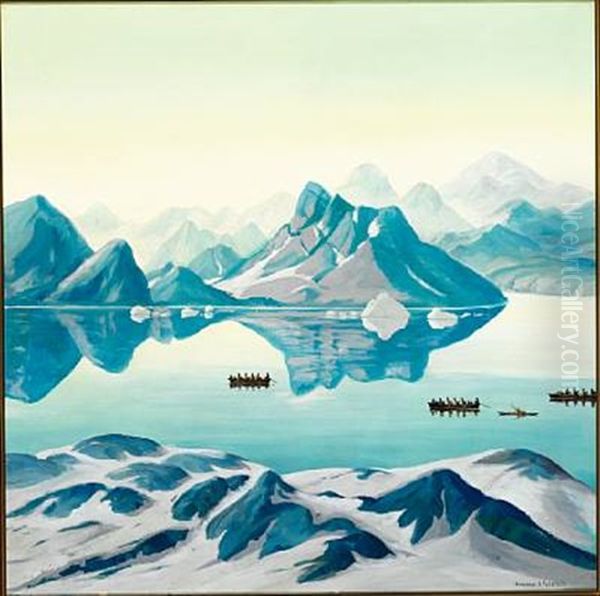 View Of A Greenlandic Fjord With A Kayak And Umiaks Oil Painting by Emanuel A. Petersen