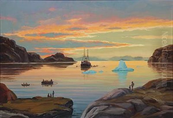 Sunrise At A Fjord In Greenland Oil Painting by Emanuel A. Petersen