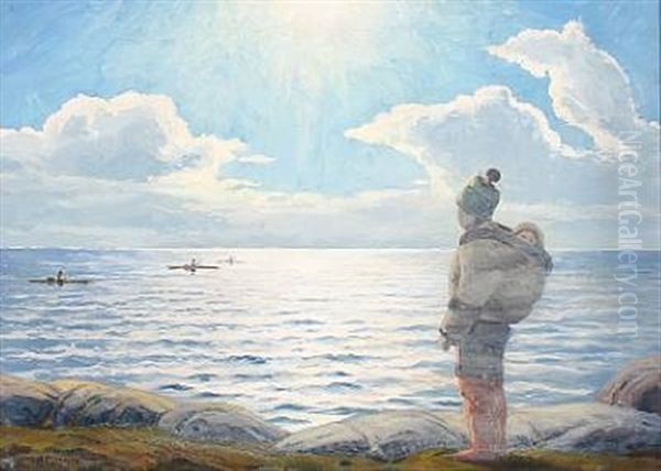 Udsigt Over Havet. Gronlaenderinde Med Amaut Oil Painting by Emanuel A. Petersen