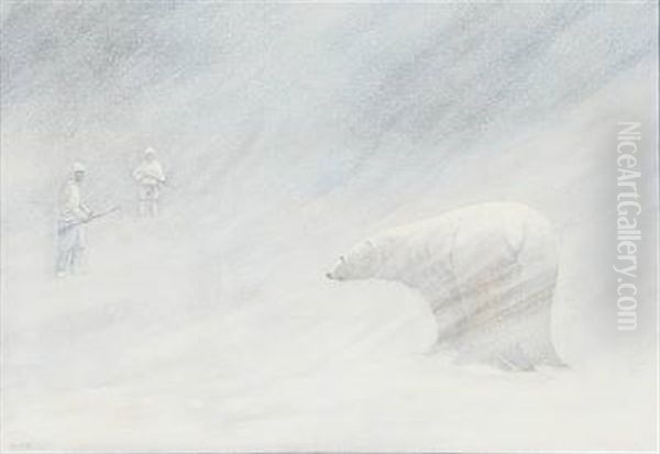 Snow Storm On Greenland With An Icebear And Two Inuits Oil Painting by Emanuel A. Petersen