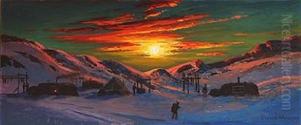 Sunset Over The Settlement On Greenland Oil Painting by Emanuel A. Petersen