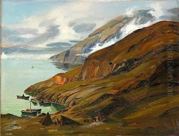 Landscape From Greenland With Inuits On A Summer Settlement Oil Painting by Emanuel A. Petersen