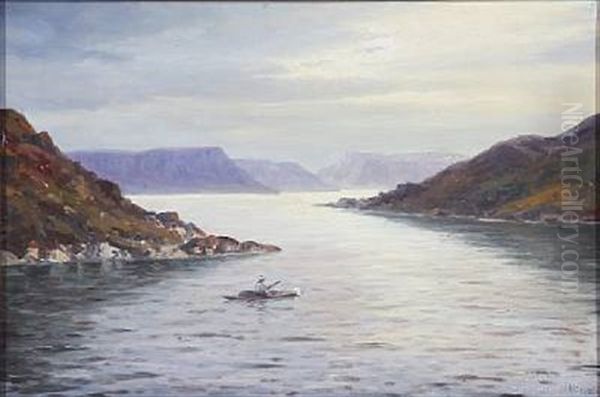 Proven. View From A Greenland Fjord With An Inuit In A Kayak Oil Painting by Emanuel A. Petersen