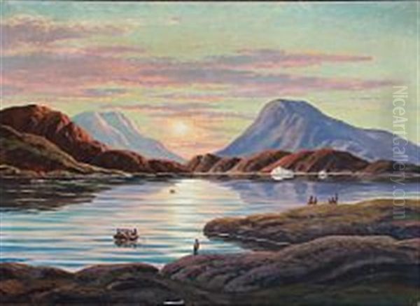 Solnedgang I Stromfjord, Holsteinsborg Oil Painting by Emanuel A. Petersen