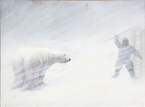 A Greenlandic Hunter And A Polar Bear Oil Painting by Emanuel A. Petersen