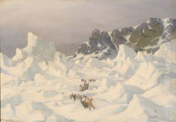 Inuits And Their Sled Dogs In High Speed Over The Greenlandic Ice Oil Painting by Emanuel A. Petersen