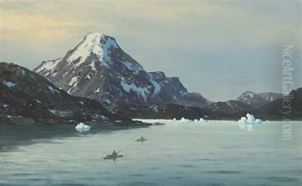 Inuit Hunters In Kayaks On A Fjord Oil Painting by Emanuel A. Petersen