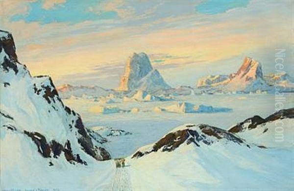 Scenery From Umanak Fjord In Greenland With A Dog Sledge Oil Painting by Emanuel A. Petersen