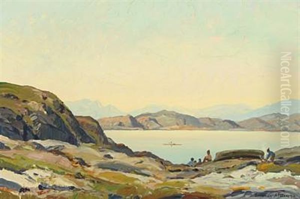 Greelandic Summer Landscape With People By The Fjord Oil Painting by Emanuel A. Petersen