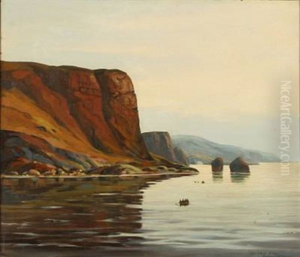 Coastal Landscape In Greenland With Kayaks And An Umiak Oil Painting by Emanuel A. Petersen