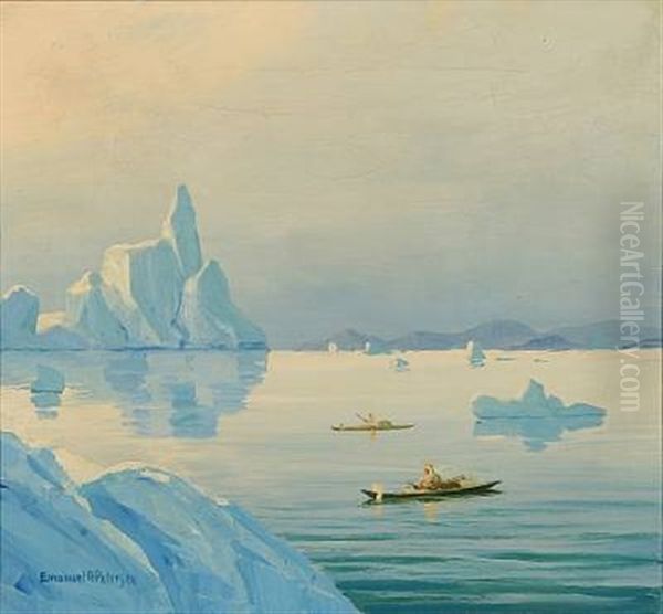 Two Hunters In Kayaks Oil Painting by Emanuel A. Petersen