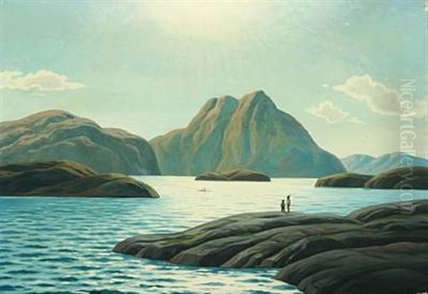 Greenlandic Landscape With Figures Oil Painting by Emanuel A. Petersen