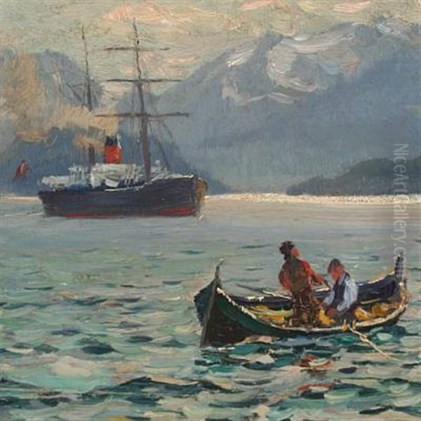 Scenery From Scoresby Sund With Steamer And Canoe Oil Painting by Emanuel A. Petersen