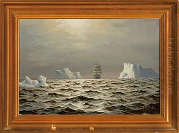 Greenlandic Coastal Scene With The Ship "thorvaldsen" At The Horizon Oil Painting by Emanuel A. Petersen