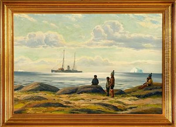 Greenlandic Coastal Scene With Inuits Looking After The Victualling Ship Oil Painting by Emanuel A. Petersen