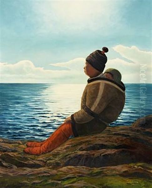 Greenlandic Woman Carrying Her Child On The Back Oil Painting by Emanuel A. Petersen