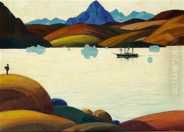 Gronlandsk Fjordparti Oil Painting by Emanuel A. Petersen