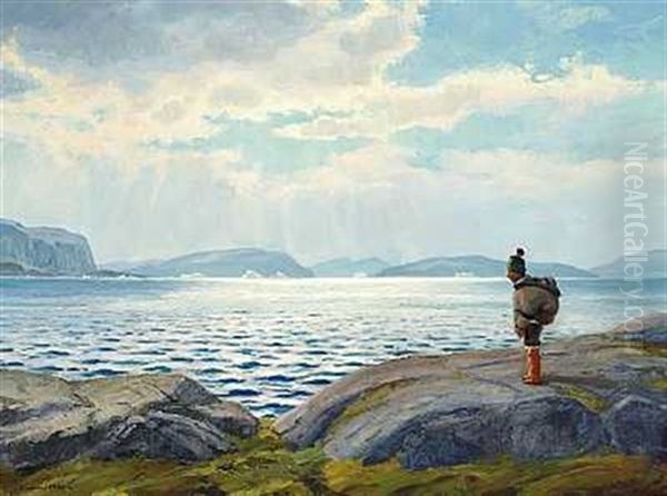 En Eskimokvinde Med Et Barn Pa Ryggen Kigger Ud Over Havet Oil Painting by Emanuel A. Petersen