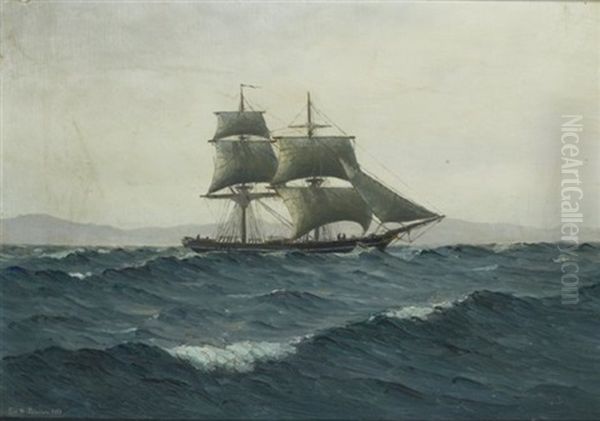 Marine Med Tomastet Skonnert I Frisk Kuling, I Baggrunden Bjergrig Kyst Oil Painting by Emanuel A. Petersen