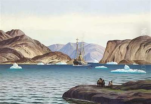 Hvalfangerskib I Upernaviks Skaergaard Oil Painting by Emanuel A. Petersen