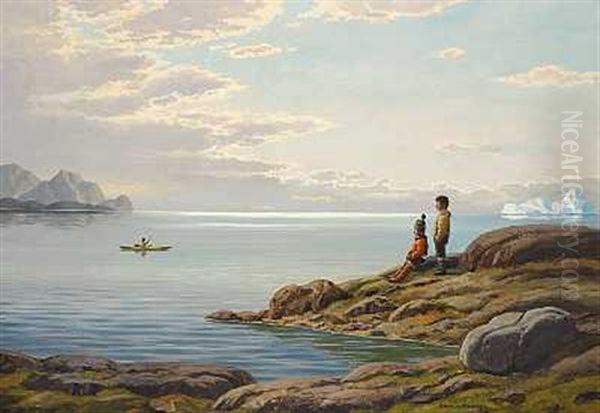 Parti Fra Godthabsfjorden Med To Born Og En Kajakroer, Sommer Oil Painting by Emanuel A. Petersen