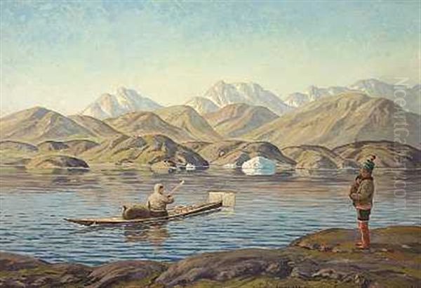 Gronlandsk Fjordparti Med Fanger I En Kajak, I Forgrunden Tager Mor Og Barn Afsked Oil Painting by Emanuel A. Petersen