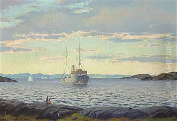 Damper Ved Kysten, Fra En Gronlandsk Fjord Oil Painting by Emanuel A. Petersen