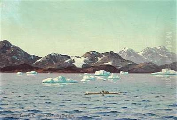 Gronlaender I Kajak Pa Julianehabsfjorden Oil Painting by Emanuel A. Petersen