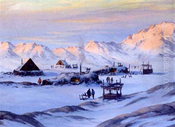 En Gronlandsk Boplads I Aftenlys Oil Painting by Emanuel A. Petersen