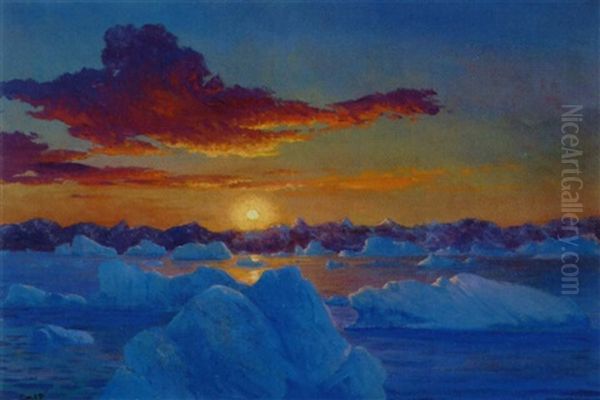 Solnedgang Over Gronlandske Isbjerge Oil Painting by Emanuel A. Petersen