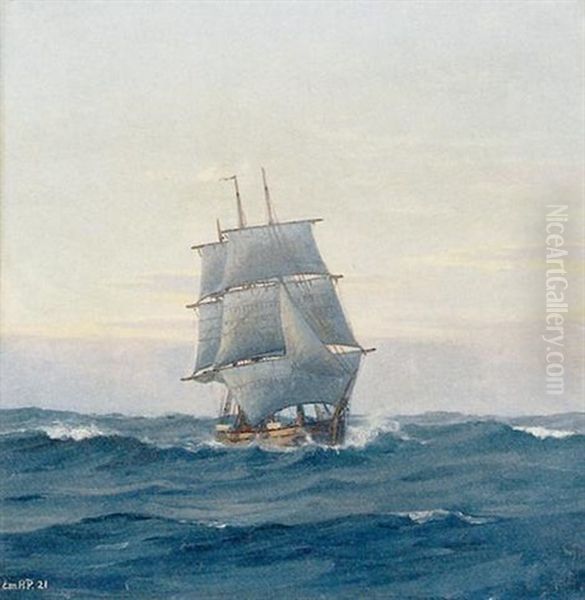 Tremastet Skonnert Gaende For Bagbord Halse Oil Painting by Emanuel A. Petersen