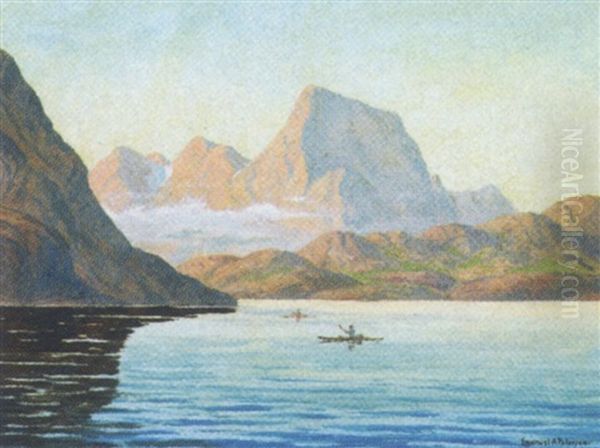 Parti Fra Gronland Med Jaegere I Kajakker Oil Painting by Emanuel A. Petersen