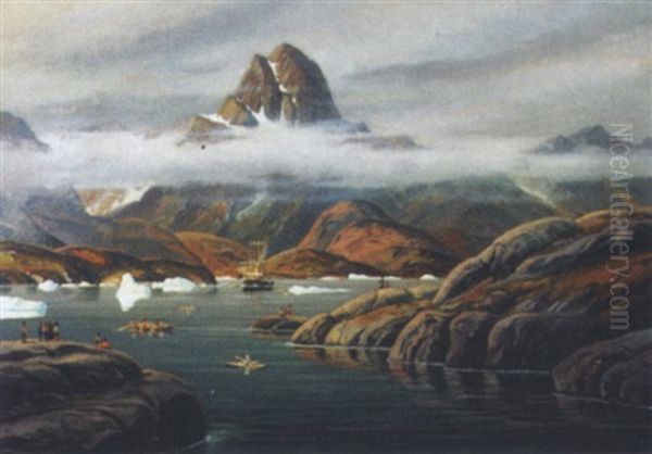 Diset Gronlandsk Fjordparti Med Skib, Bade Og Figurer Oil Painting by Emanuel A. Petersen