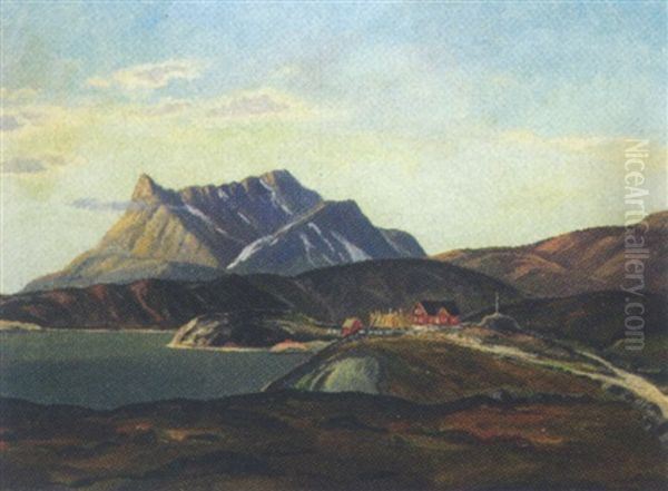 Gronlandsk Kystparti Med Bygninger by Emanuel A. Petersen