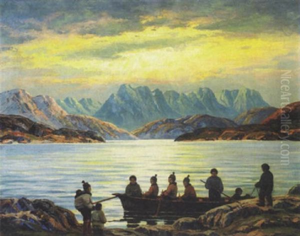 Gronlandsk Fjordparti Med Konebad Og Personer Oil Painting by Emanuel A. Petersen