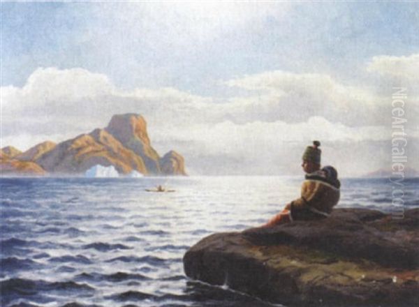 Gronlandsk Fjordparti Med Gronlaenderinder Der Skuer Ud Over Vandet Oil Painting by Emanuel A. Petersen