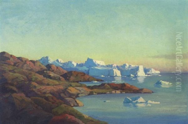 Gronlandsk Fjordparti Med Isbjerge Oil Painting by Emanuel A. Petersen