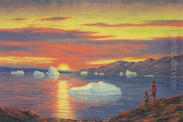 Nord For Kap Farvel, Solnedgang Oil Painting by Emanuel A. Petersen